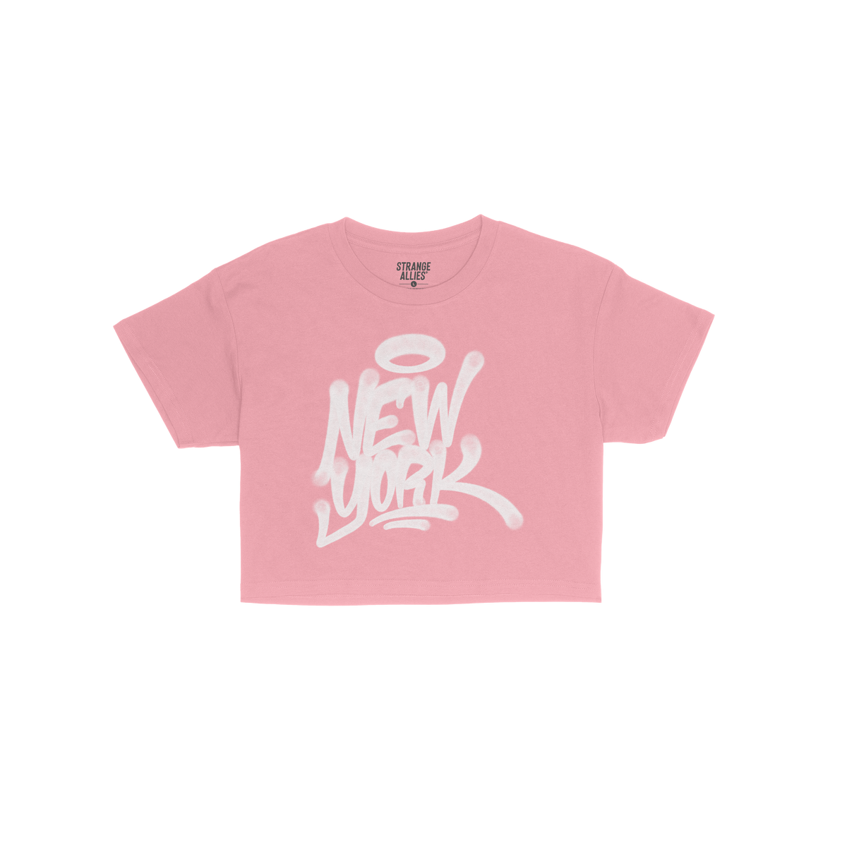 Pale-pink New York Handstyle Women's Baby Tee featuring a white graffiti-style New York graphic with a halo. Designed for a f