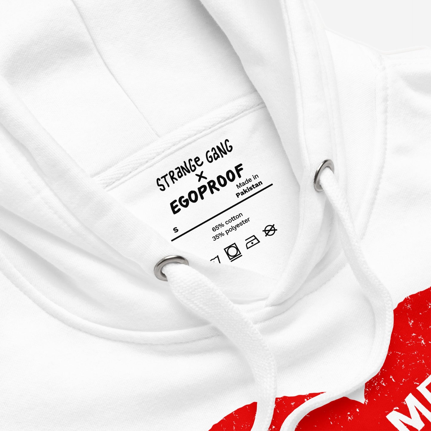 Close-up of the No Hate Hoodie neckline featuring STRANGE GANG × EGOPROOF label, size S, and red graphic hint. Includes white drawcords, 65% cotton, 35% polyester fabric.
