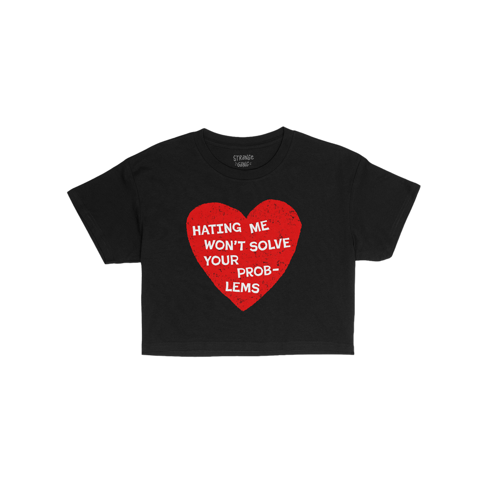 The No Hate Women's Baby Tee features a distressed red heart with bold white text, making a strong statement against hate and
