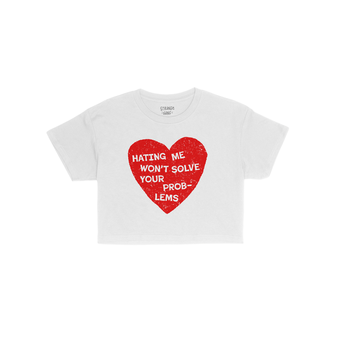 No Hate Women's Baby Tee featuring a bold red heart with the message Hating Me Won't Solve Your Problems, embodies defiance a