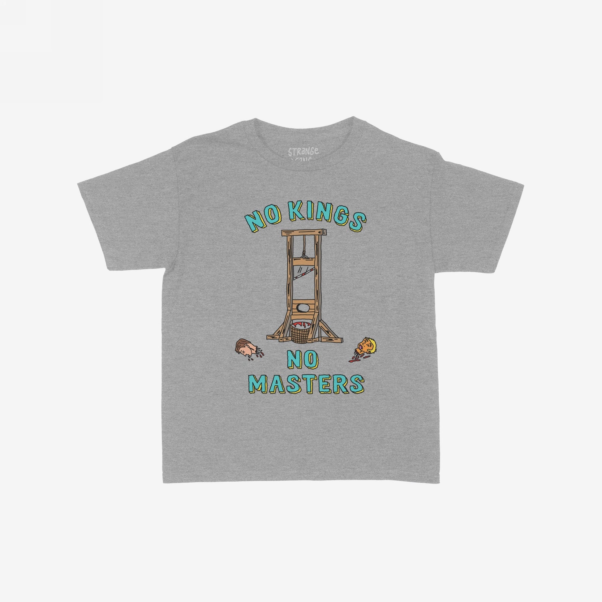 No Kings No Masters Women's Baby Tee features a cartoon guillotine with NO KINGS and NO MASTERS text, highlighting a rebellious anti-authoritarian theme with a gritty, hand-drawn design.