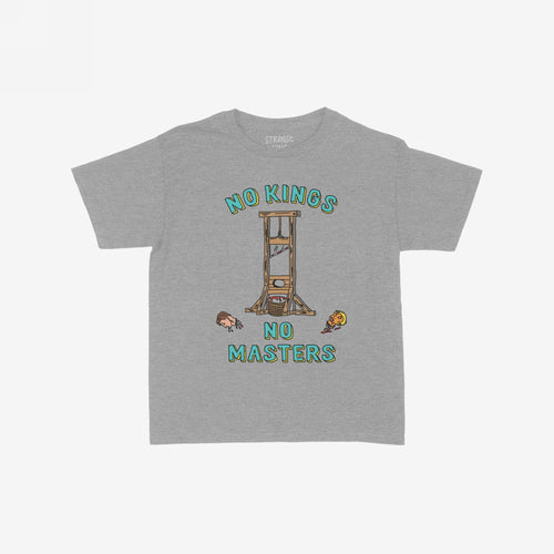 No Kings No Masters Women's Baby Tee features a cartoon guillotine with NO KINGS and NO MASTERS text, highlighting a rebellious anti-authoritarian theme with a gritty, hand-drawn design.