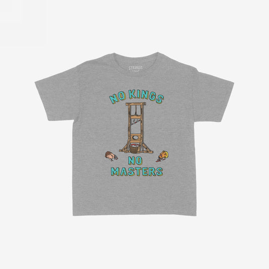 No Kings No Masters Women's Baby Tee features a cartoon guillotine with NO KINGS and NO MASTERS text, highlighting a rebellious anti-authoritarian theme with a gritty, hand-drawn design.
