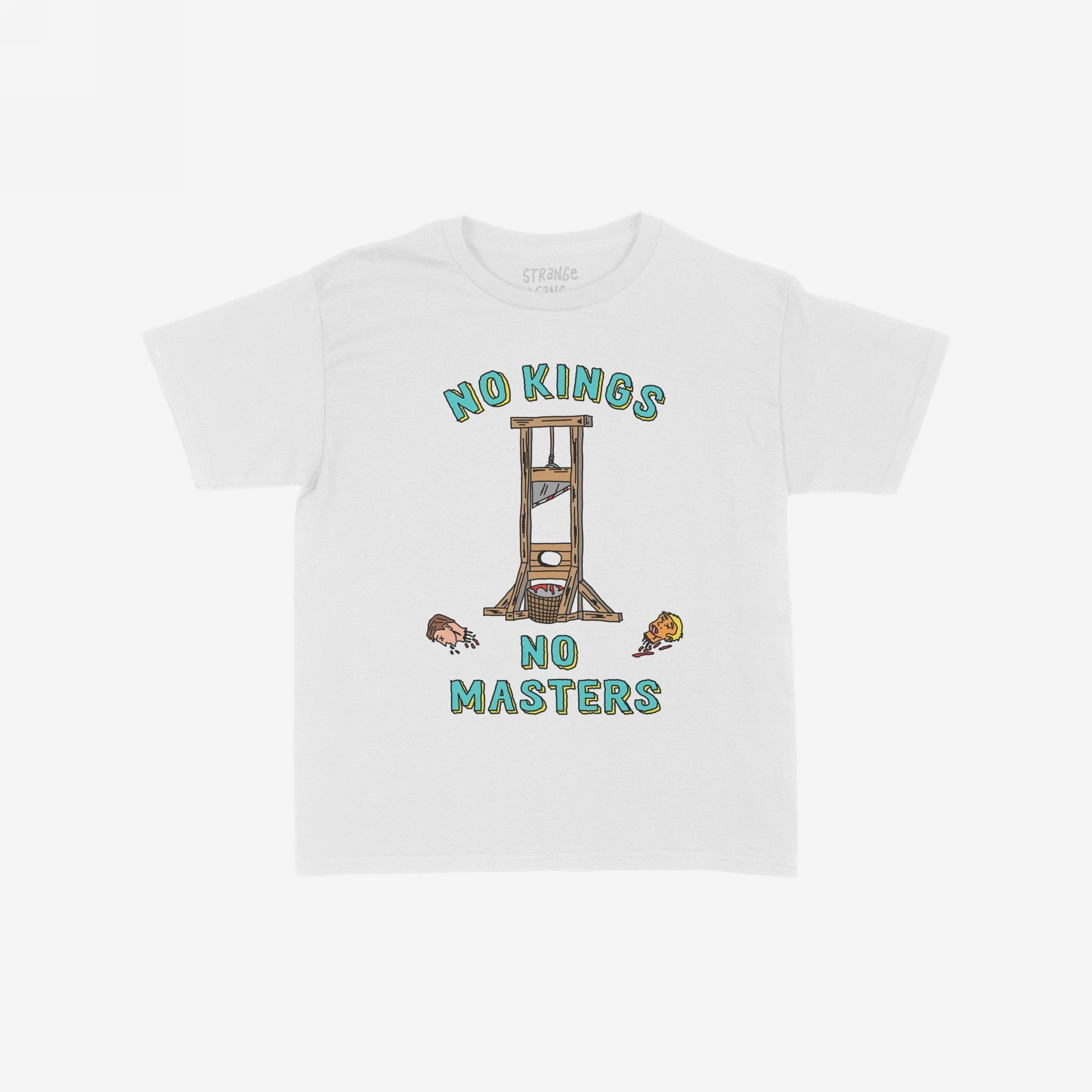No Kings No Masters Women's Baby Tee featuring a cartoon guillotine with NO KINGS and NO MASTERS text, flanked by stylized severed heads, embodying an anti-authoritarian streetwear statement.