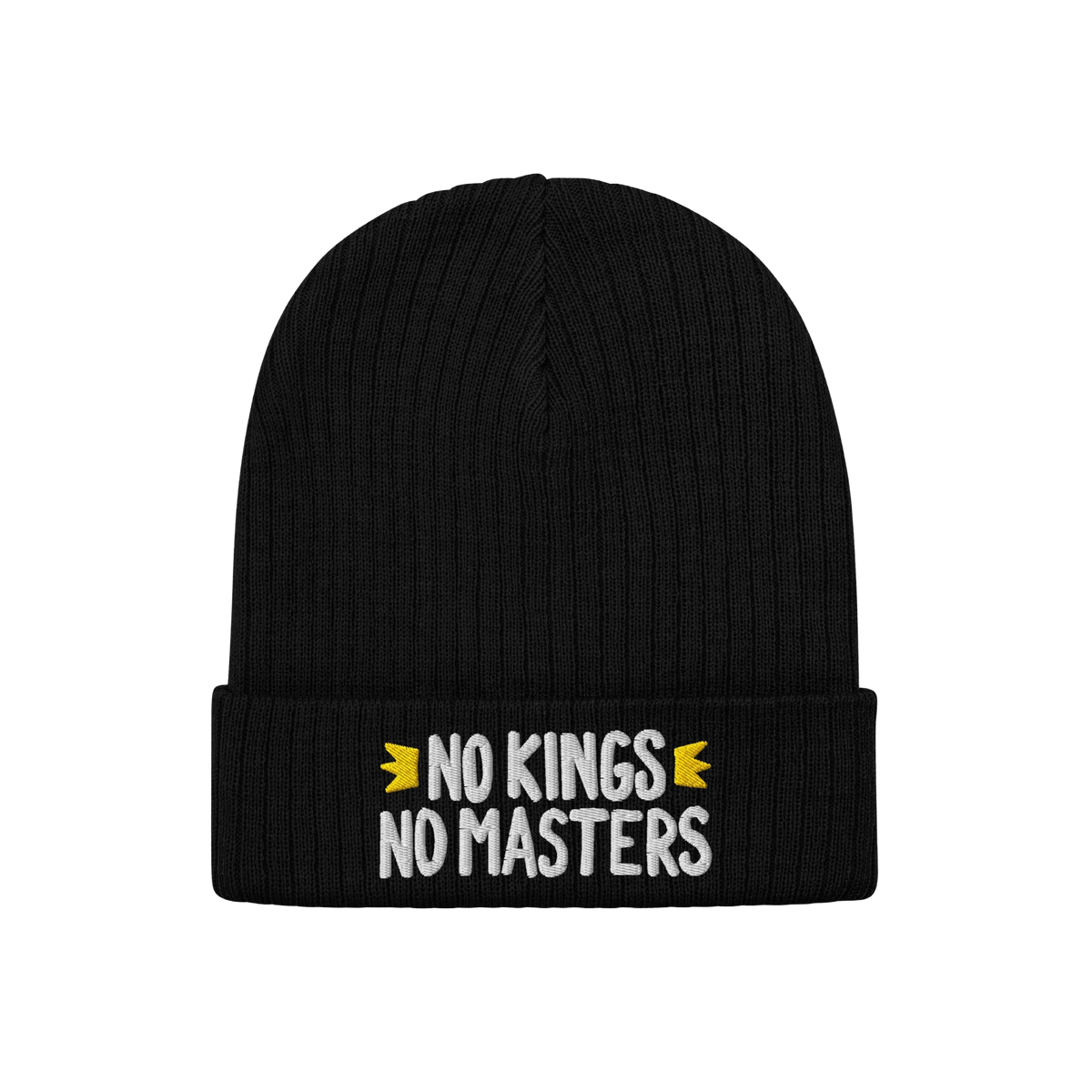 The No Kings No Masters Hat features a black rib-knit design with a fold-over cuff, showcasing the slogan “NO KINGS NO MAST