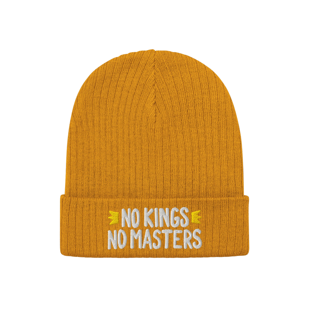No Kings No Masters Hat featuring a rib-knit design with white embroidered slogan on the cuff, symbolizing rebellion and indi