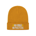 No Kings No Masters Hat featuring a rib-knit design with white embroidered slogan on the cuff, symbolizing rebellion and indi