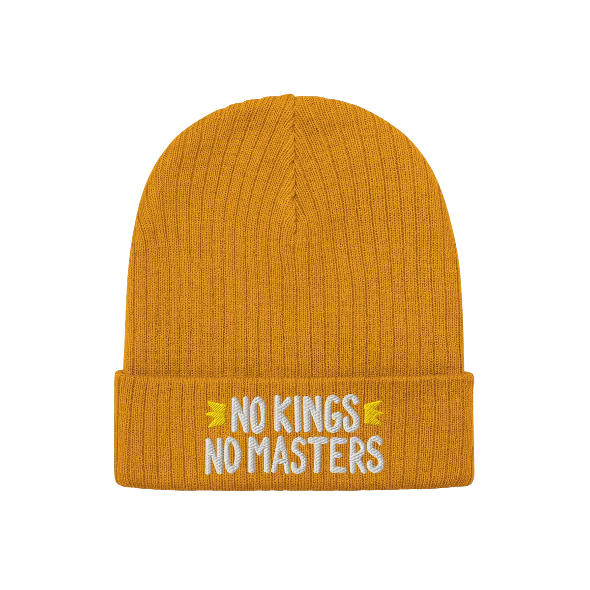 No Kings No Masters Hat featuring a rib-knit design with white embroidered slogan on the cuff, symbolizing rebellion and indi