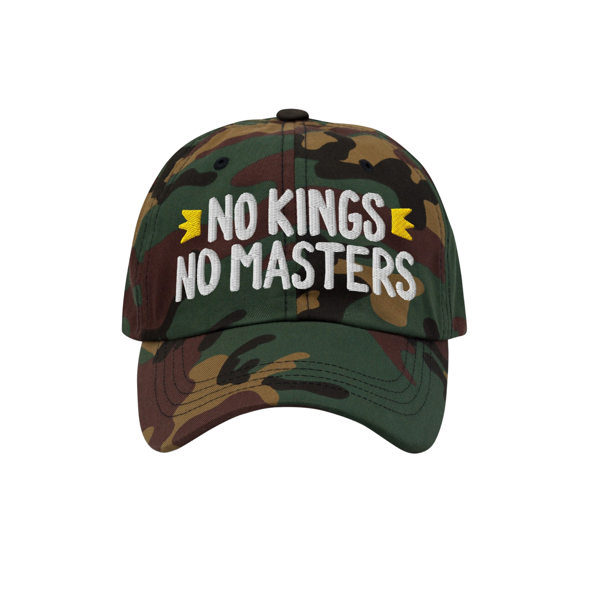 The No Kings No Masters Hat features a camouflage design with bold white embroidery and yellow crown accents, embodying rebel