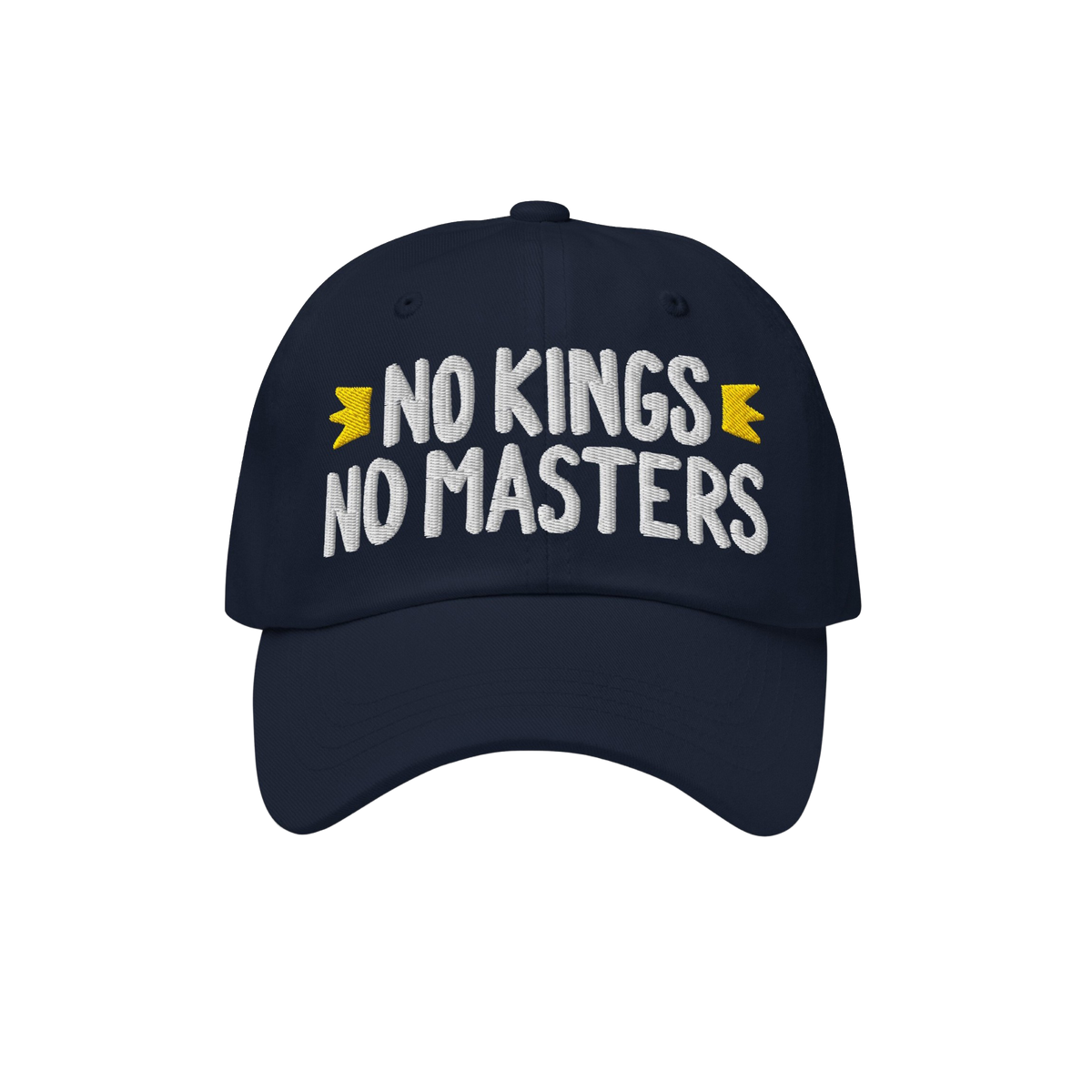 Navy-blue cap with NO KINGS NO MASTERS in white, accented by gold crowns. An anti-establishment statement piece for those who