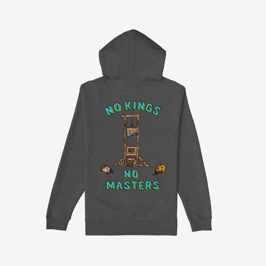 No Kings No Masters Shirt displaying a cartoon guillotine with blood, severed heads, and bold, rebellious text, embodying anti-authoritarian defiance. A striking choice for those challenging oppressive systems.