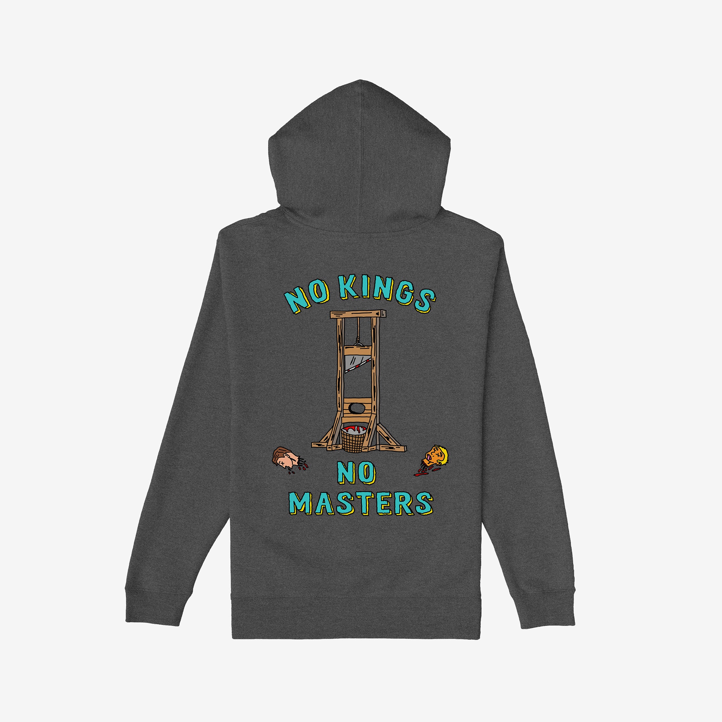No Kings No Masters Shirt displaying a cartoon guillotine with blood, severed heads, and bold, rebellious text, embodying anti-authoritarian defiance. A striking choice for those challenging oppressive systems.