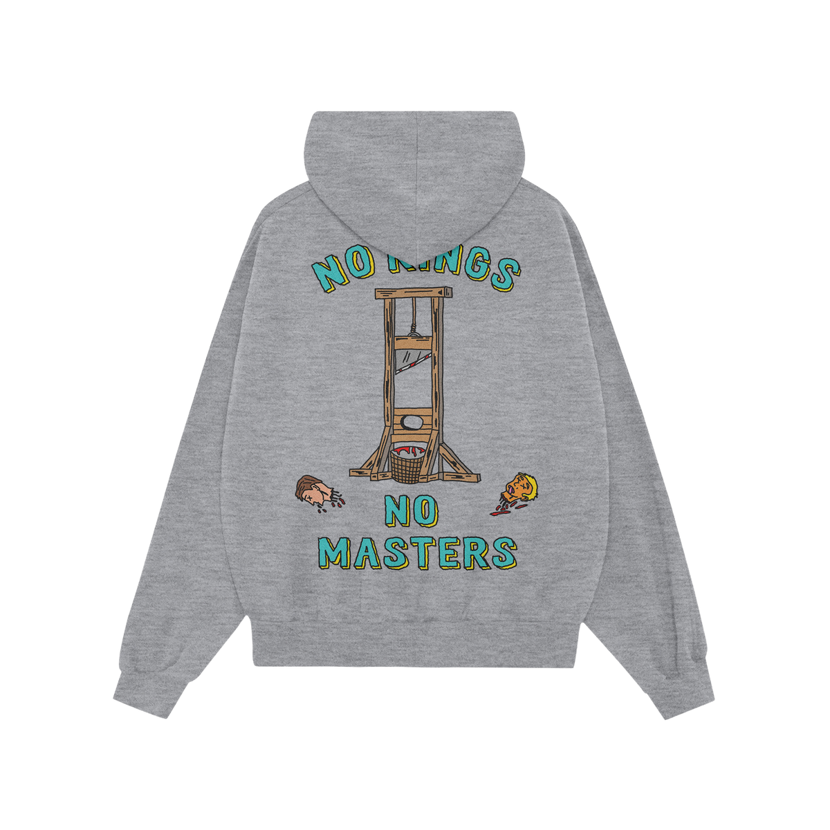 No Kings No Masters Shirt displaying a cartoon guillotine with blood, severed heads, and bold, rebellious text, embodying ant