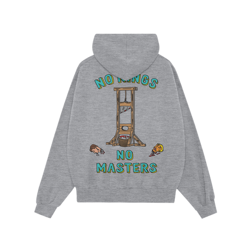 No Kings No Masters Shirt displaying a cartoon guillotine with blood, severed heads, and bold, rebellious text, embodying ant