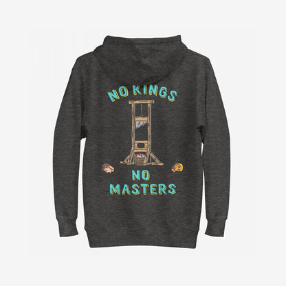 No Kings No Masters Hoodie & Sweatshirt featuring a bold back print of a guillotine with severed heads, advocating against authoritarianism and power worship with NO KINGS, NO MASTERS message.