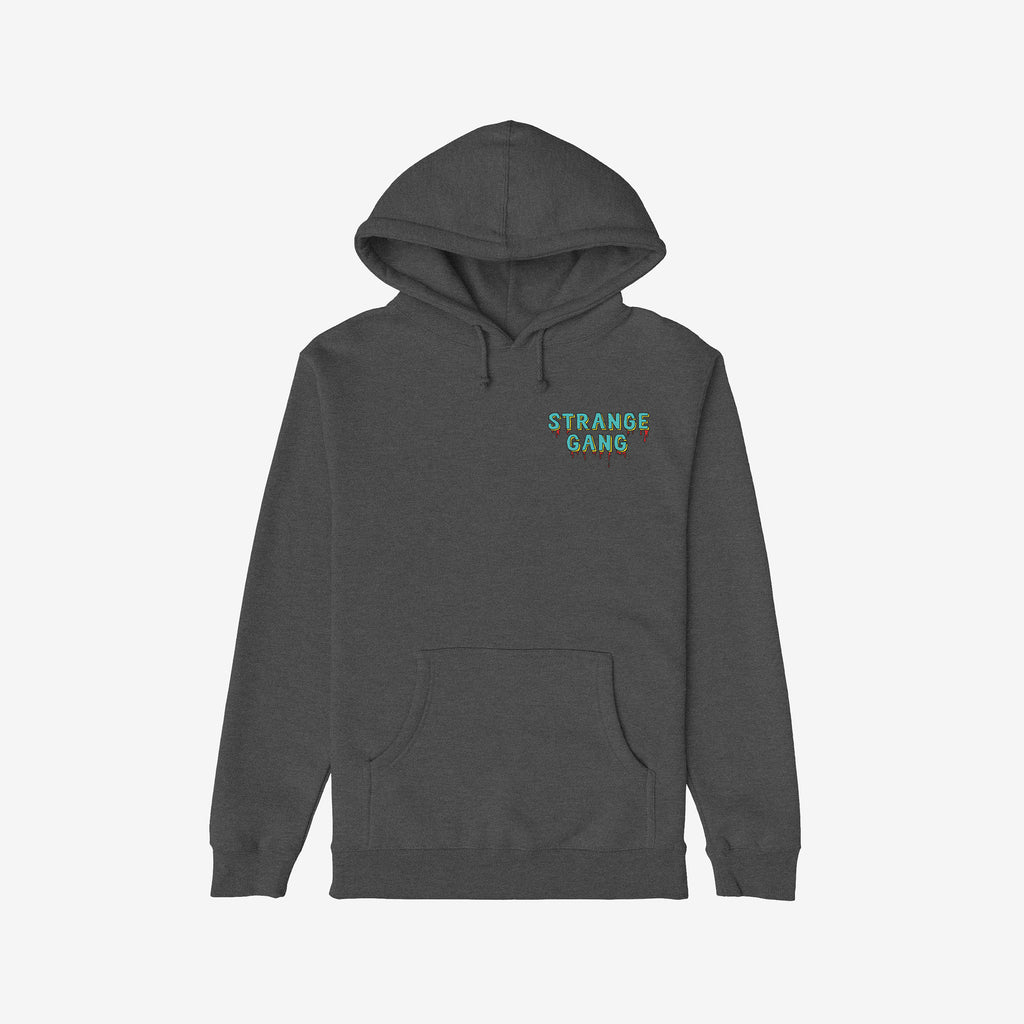 Dark charcoal-gray pullover hoodie with “No Kings No Masters” graphic, featuring turquoise-green text with red accents, kangaroo pocket, drawstring hood; embodies anti-authoritarian defiance.