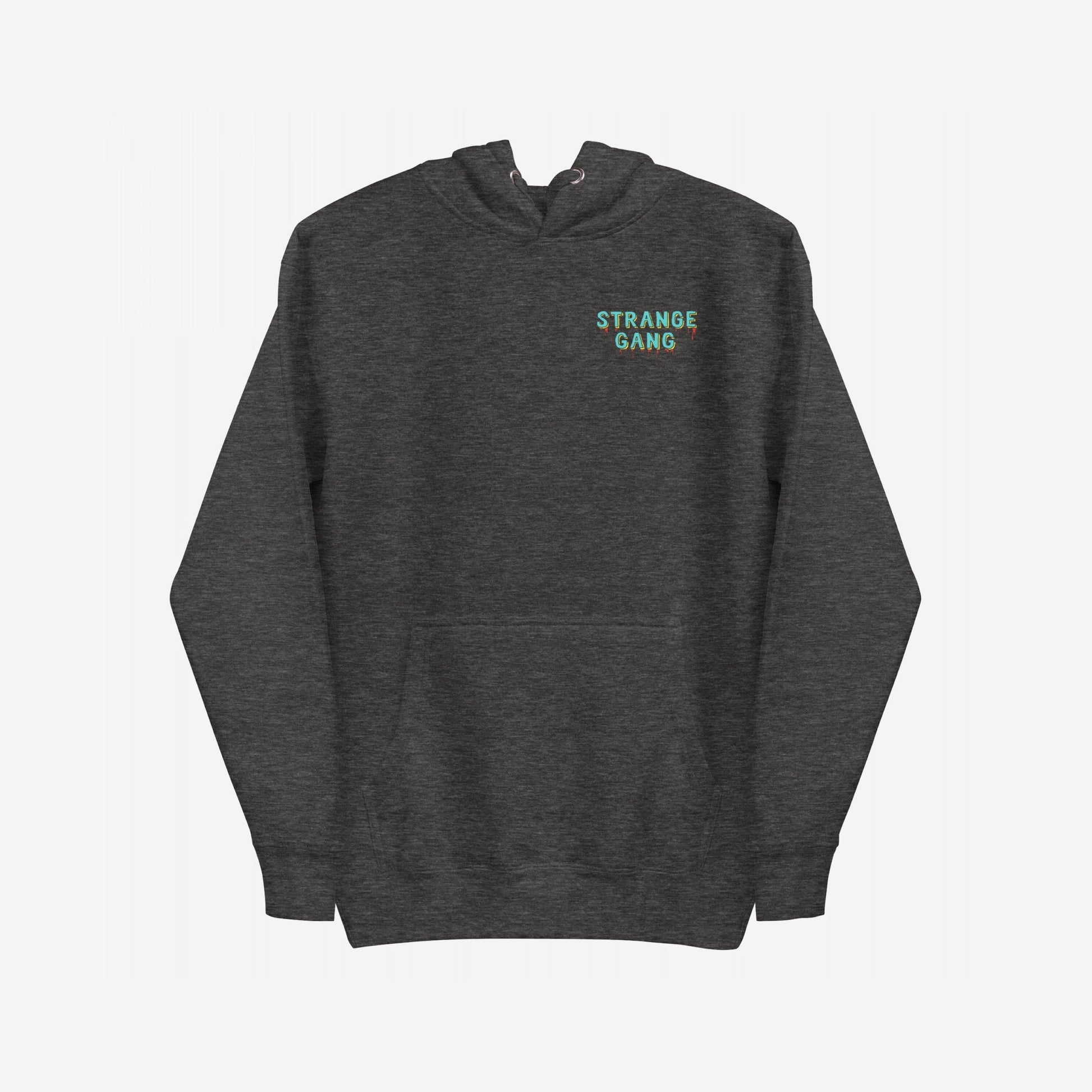 Dark charcoal-gray No Kings No Masters Hoodie featuring a small front graphic, STRANGE GANG. With a kangaroo pocket and bold back print, it embodies rebellion against power and supports equality.
