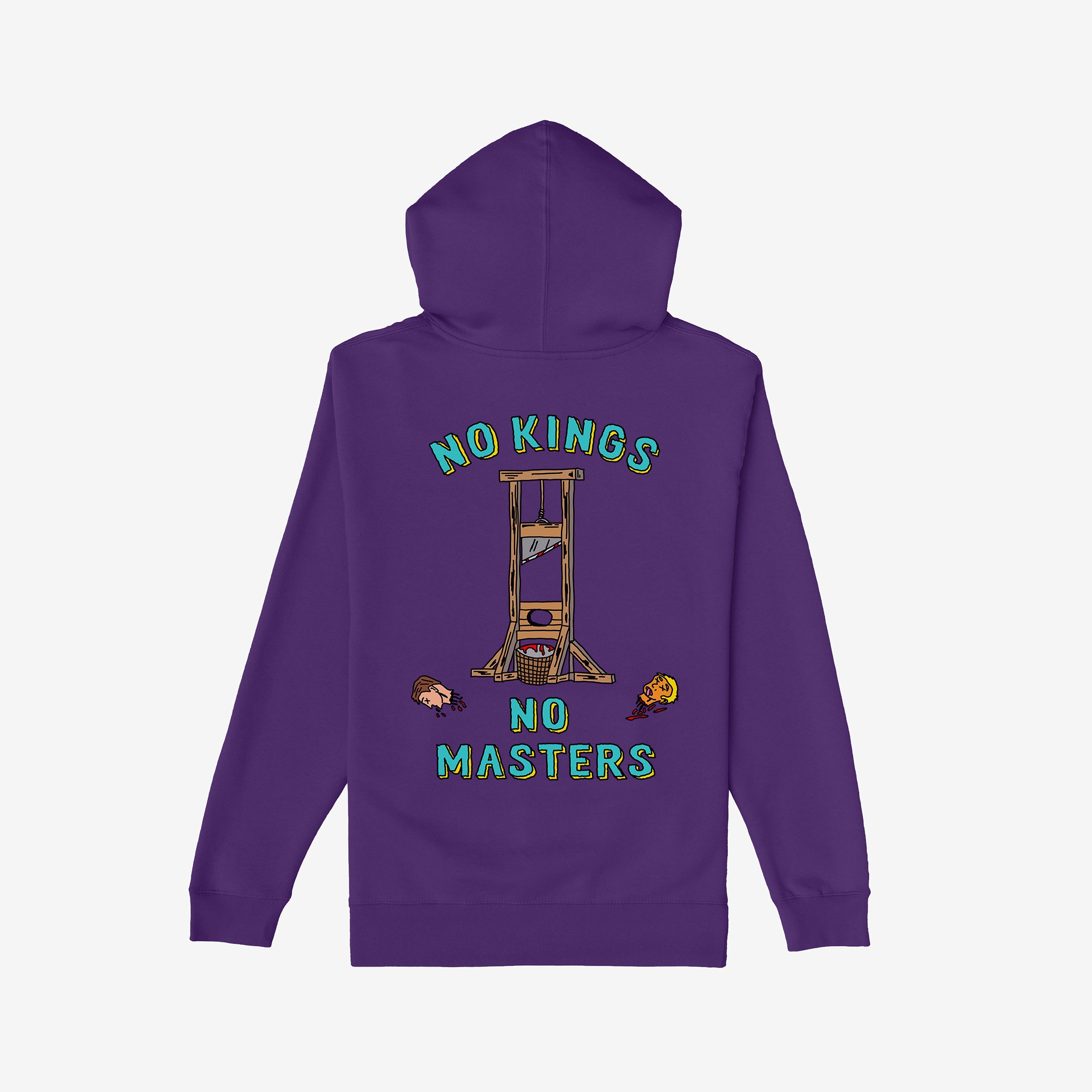 The No Kings No Masters Shirt features a bold guillotine graphic with severed heads, encapsulating anti-authoritarian defiance. The phrases “NO KINGS” and “NO MASTERS” boldly express resistance against oppressive systems.