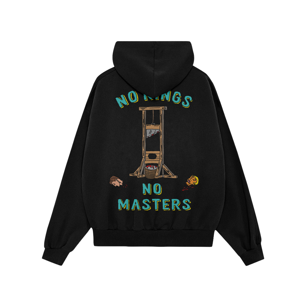 The No Kings No Masters Shirt features a bold guillotine graphic with severed heads, encapsulating anti-authoritarian defianc