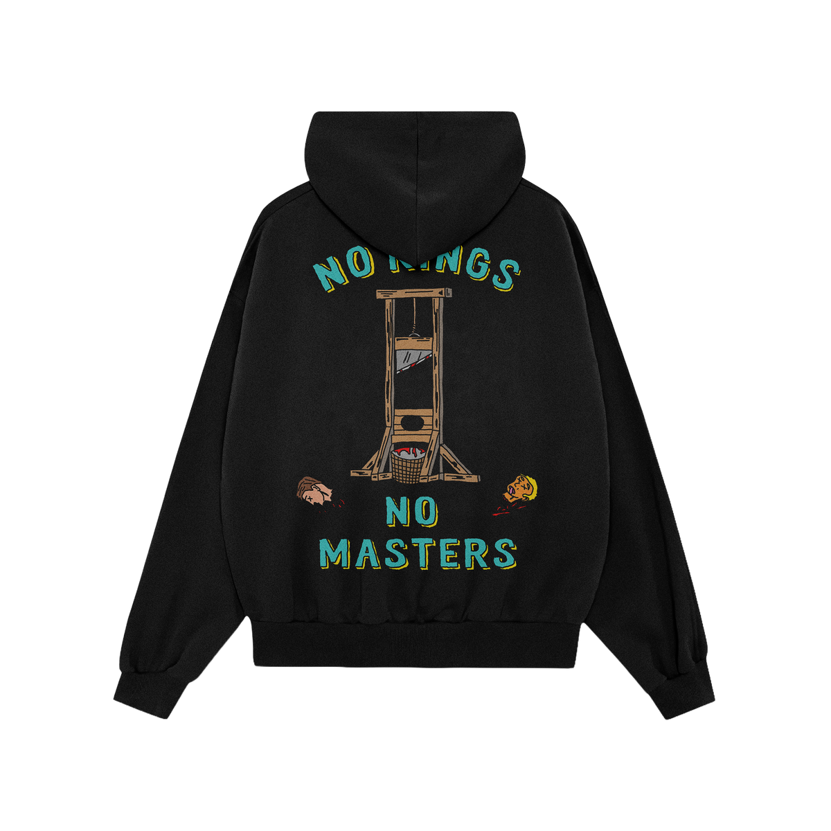 The No Kings No Masters Shirt features a bold guillotine graphic with severed heads, encapsulating anti-authoritarian defianc