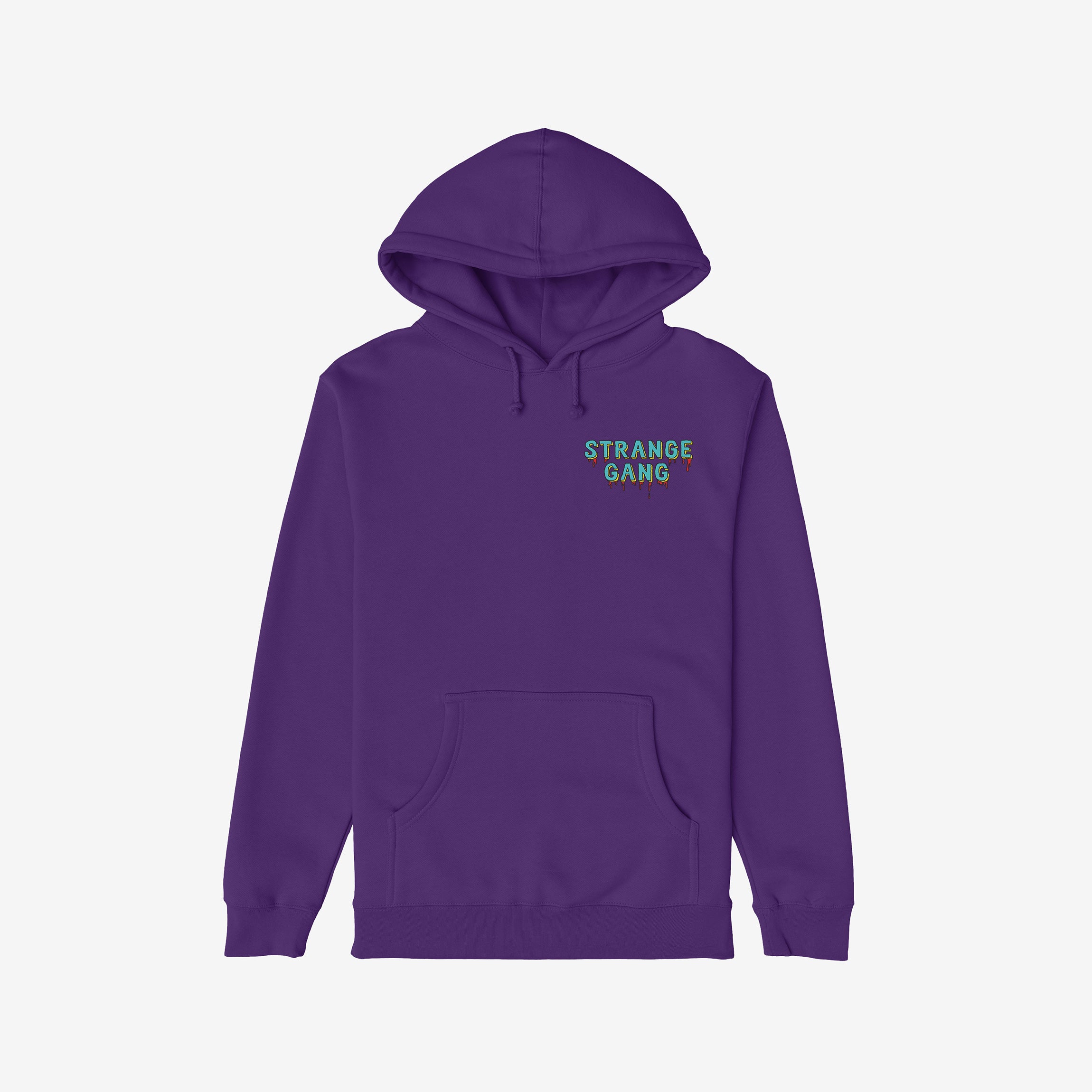 Purple hoodie with front pouch pocket and drawstring hood, featuring No Kings No Masters bold graphic on the chest, symbolizing anti-authoritarian defiance with a dripping-paint effect.