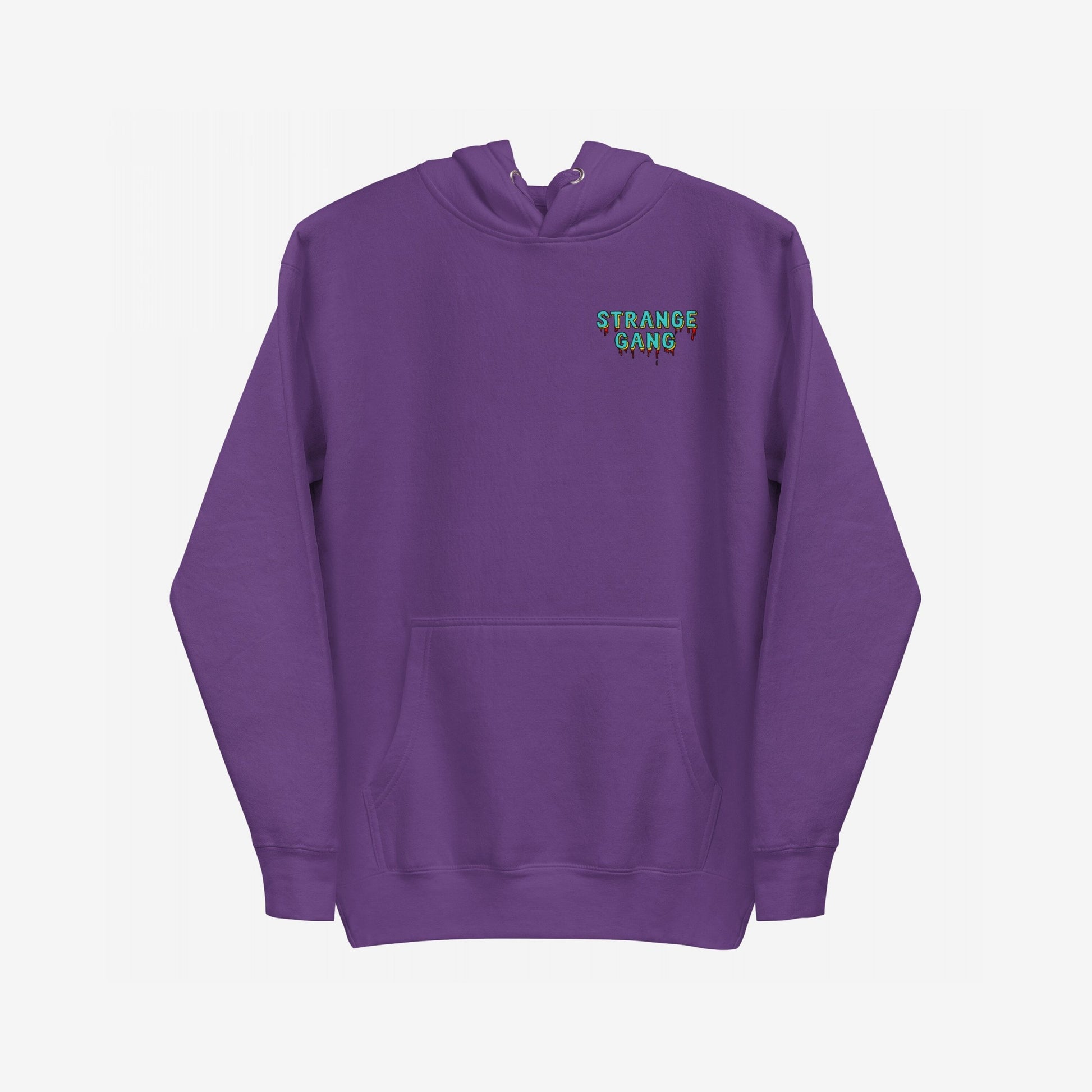 No Kings No Masters Hoodie: Purple pullover with a turquoise logo on the chest, featuring a dripping effect symbolizing rebellion against authoritarianism. Ideal for those opposing power worship.