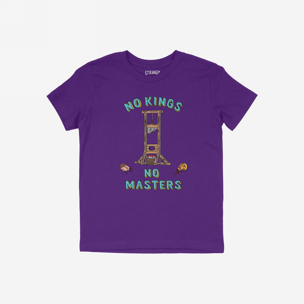 Purple T-shirt titled No Kings No Masters features a stylized guillotine with cartoon heads, symbolizing anti-authoritarian defiance. Text above reads “NO KINGS,” below “NO MASTERS.” Collar label visible.