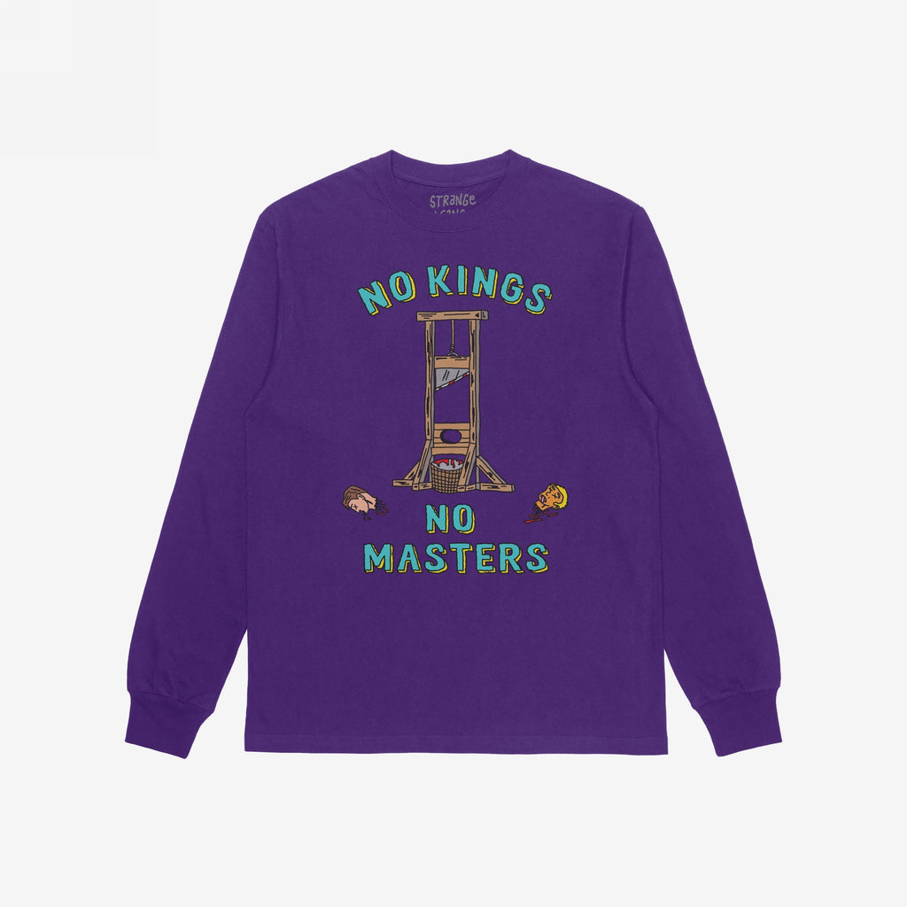 Purple long-sleeve No Kings No Masters Shirt featuring a cartoonish guillotine graphic with severed heads, symbolizing anti-authoritarian defiance. Slogan reads “NO KINGS” and “NO MASTERS” in bold lettering.