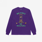 Purple long-sleeve No Kings No Masters Shirt featuring a cartoonish guillotine graphic with severed heads, symbolizing anti-authoritarian defiance. Slogan reads “NO KINGS” and “NO MASTERS” in bold lettering.