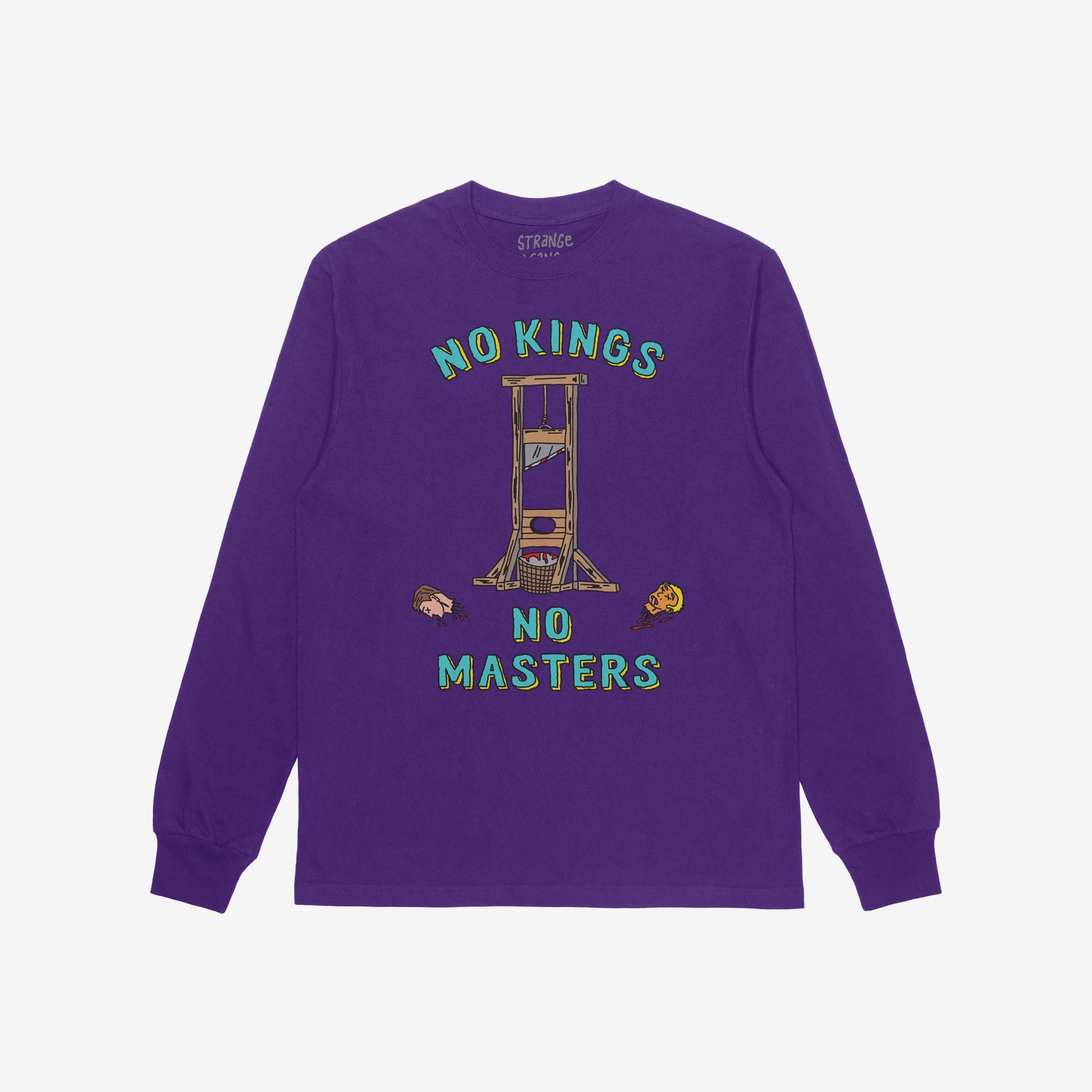 Purple long-sleeve No Kings No Masters Shirt featuring a cartoonish guillotine graphic with severed heads, symbolizing anti-authoritarian defiance. Slogan reads “NO KINGS” and “NO MASTERS” in bold lettering.