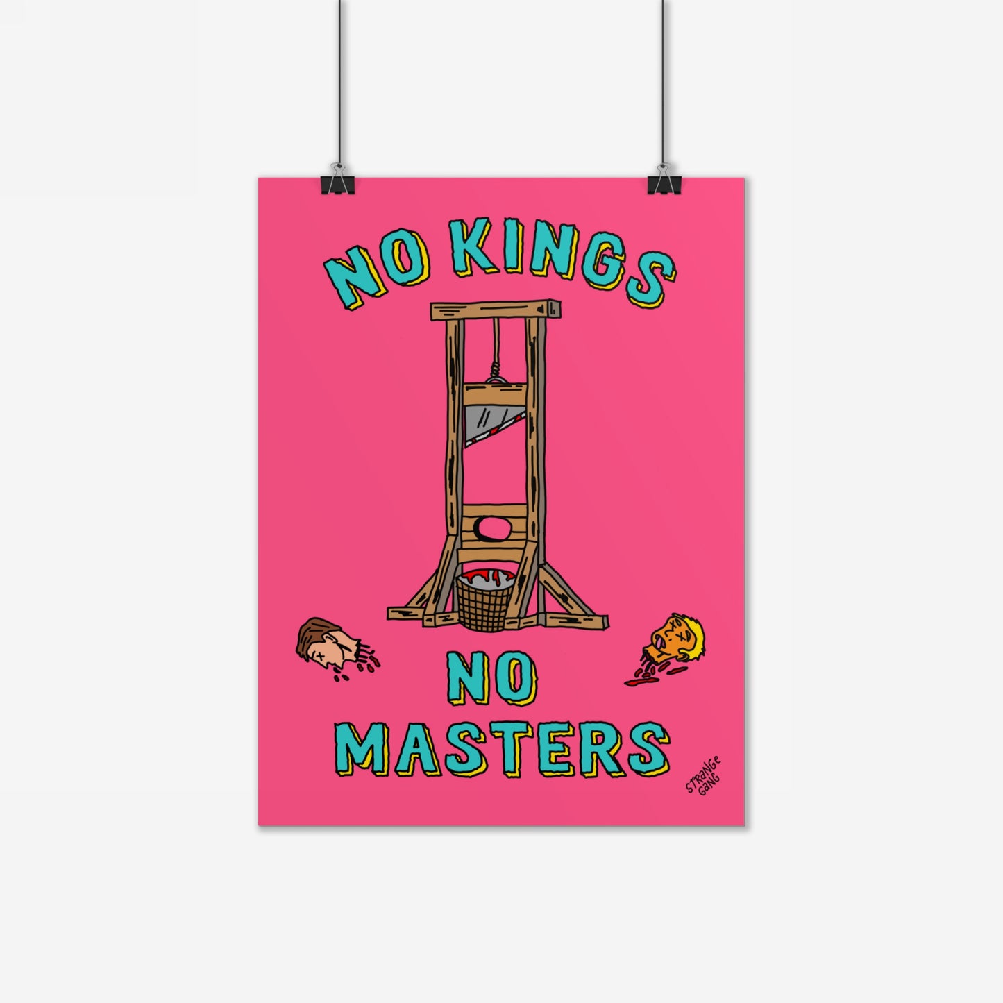 No Kings No Masters Poster features a hand-drawn guillotine with two severed heads, embodying anti-authoritarian punk art. Ideal for protest spaces, this bold statement piece challenges power and privilege.