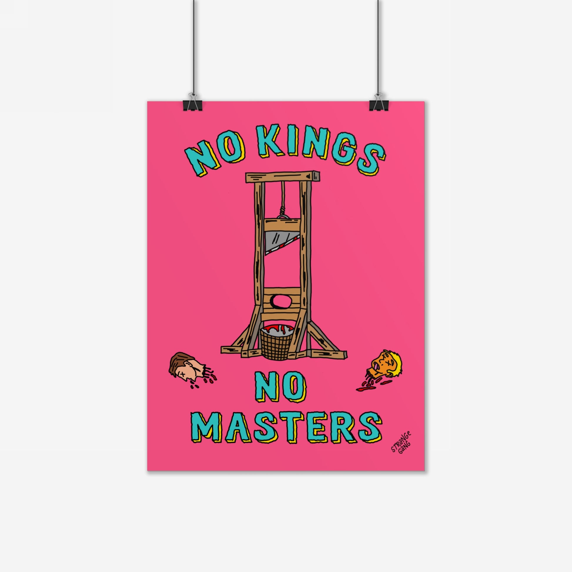 No Kings No Masters Poster features a hand-drawn guillotine with two severed heads, embodying anti-authoritarian punk art. Ideal for protest spaces, this bold statement piece challenges power and privilege.