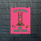 No Kings No Masters Poster featuring a cartoon guillotine with severed heads, blood-stained blade, and bold slogans. Ideal for radical spaces challenging authority and supporting equality. 12 x 16 matte finish.