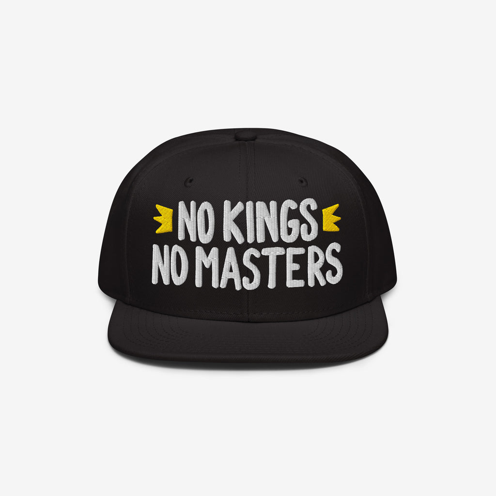 Black No Kings No Masters Hat with bold white embroidery and yellow crown motifs, symbolizing defiance and individuality. An ideal accessory for those challenging authority and supporting equality.