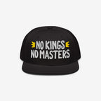 Black No Kings No Masters Hat with bold white embroidery and yellow crown motifs, symbolizing defiance and individuality. An ideal accessory for those challenging authority and supporting equality.