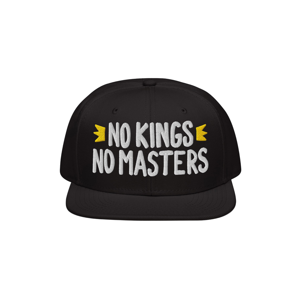Black No Kings No Masters Hat with bold white embroidery and yellow crown motifs, symbolizing defiance and individuality. An 