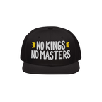 Black No Kings No Masters Hat with bold white embroidery and yellow crown motifs, symbolizing defiance and individuality. An 