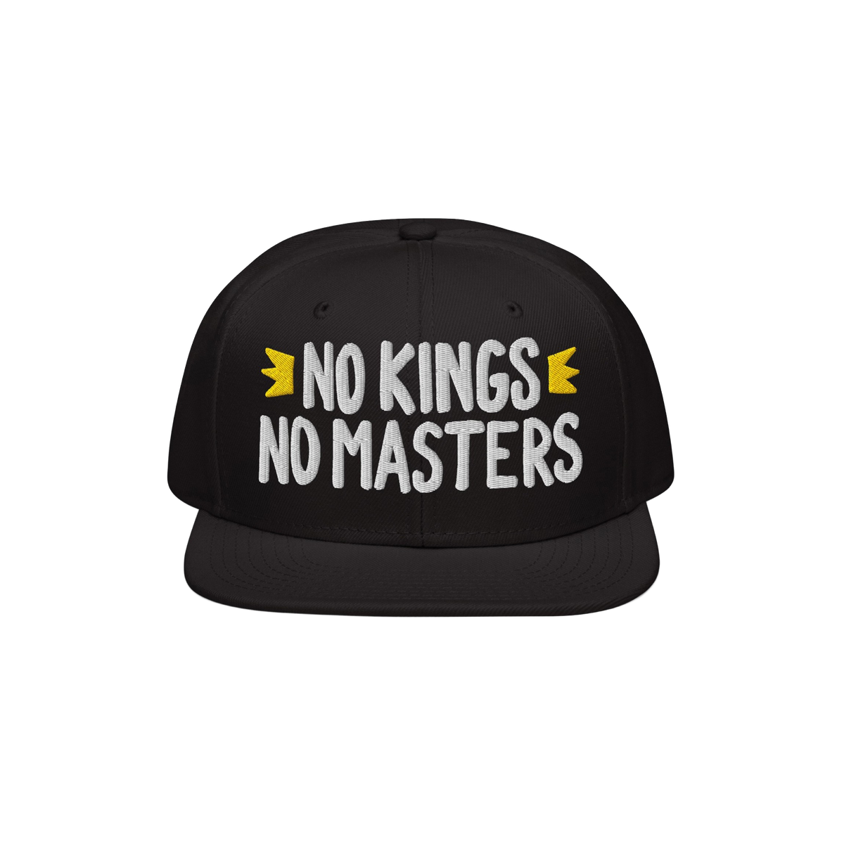 Black No Kings No Masters Hat with bold white embroidery and yellow crown motifs, symbolizing defiance and individuality. An 