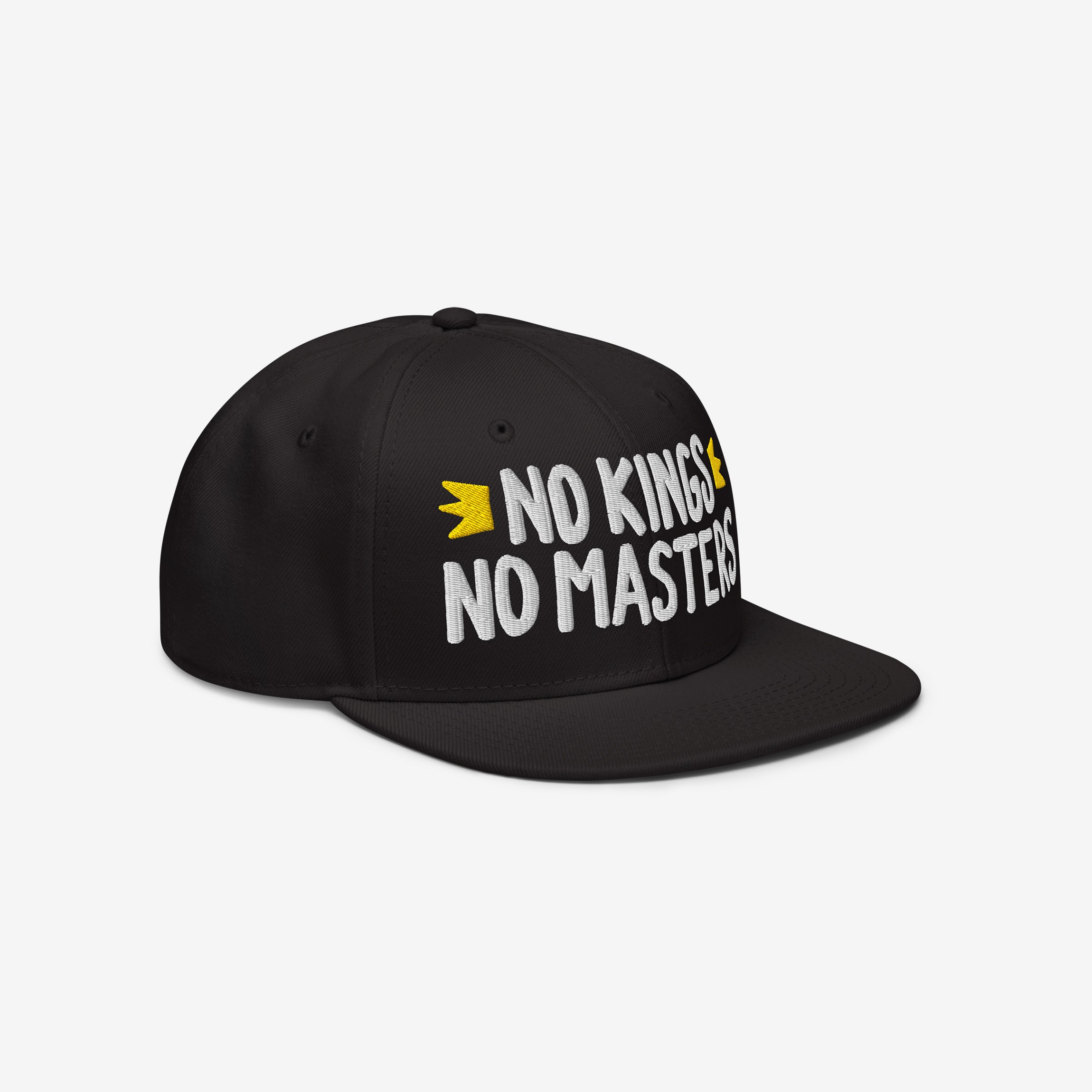 No Kings No Masters Hat with white embroidered text and yellow crown accents, symbolizing rebellion and independence against oppressive systems. Ideal for style-conscious anarchists and independent thinkers.