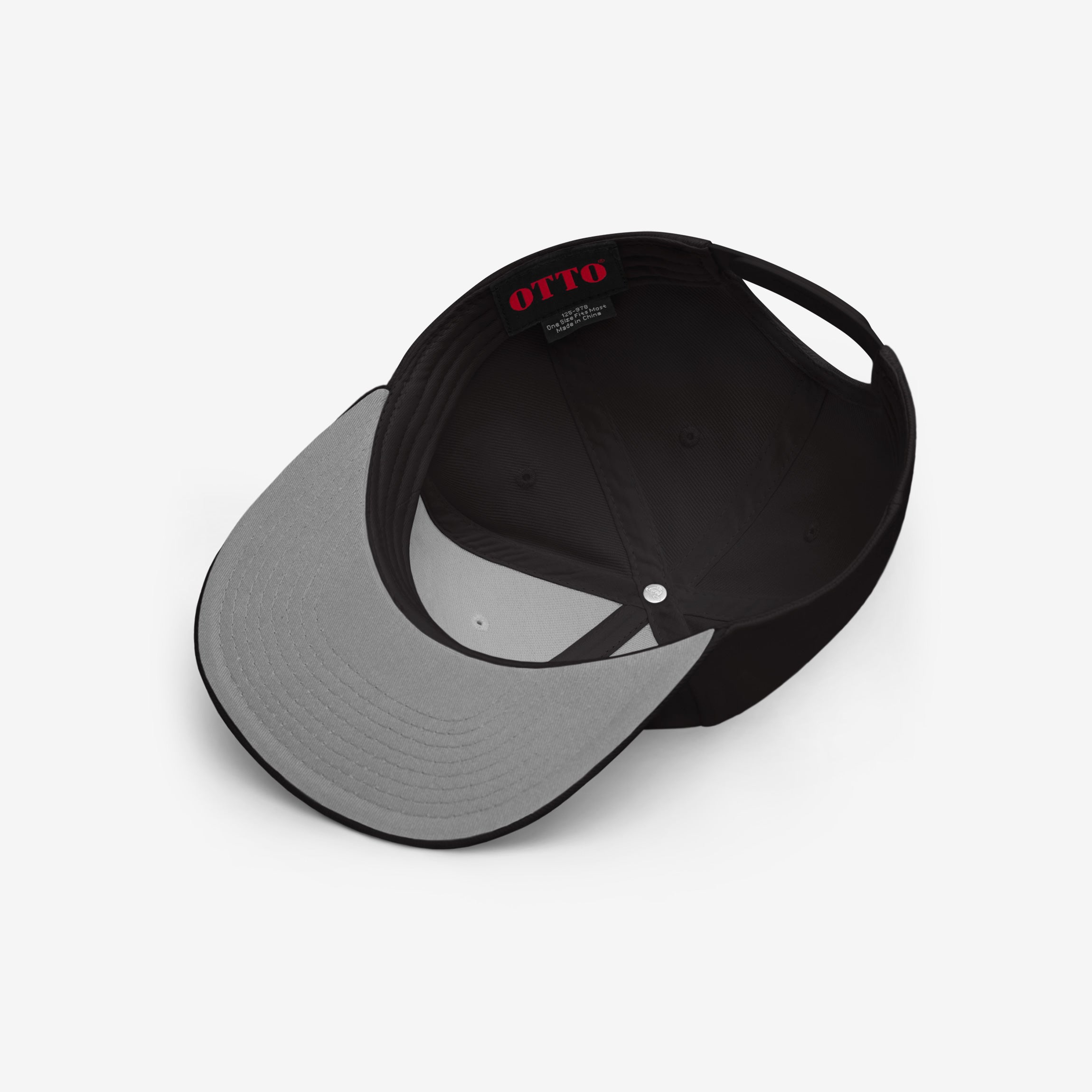 No Kings No Masters Hat interior features black shell and sweatband, light gray visor underside, and adjustable strap, embodying rebellious spirit with OTTO label. Perfect for style-conscious anarchists.