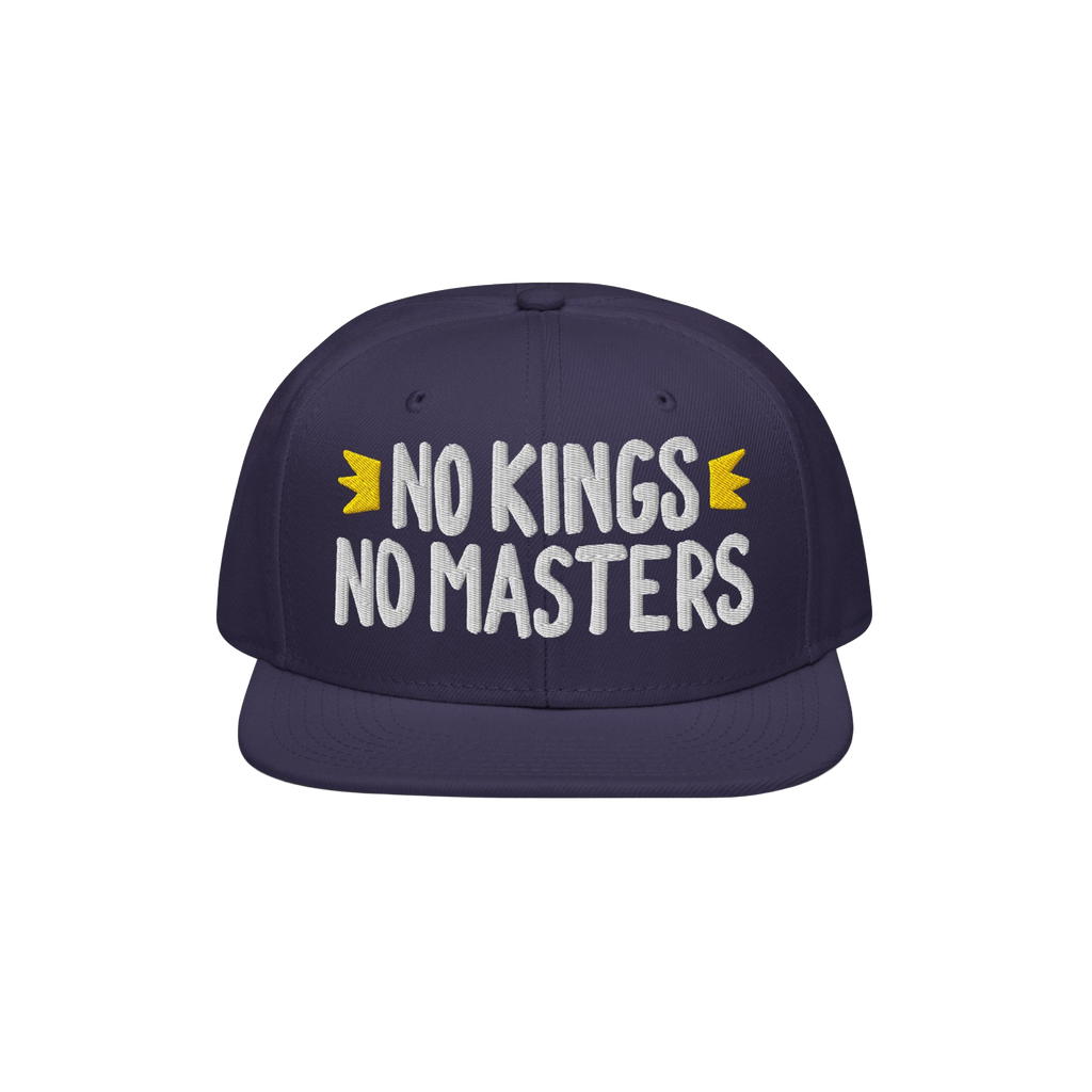 The No Kings No Masters Hat features bold white embroidery with yellow crowns, embodying a rebellious spirit against authorit