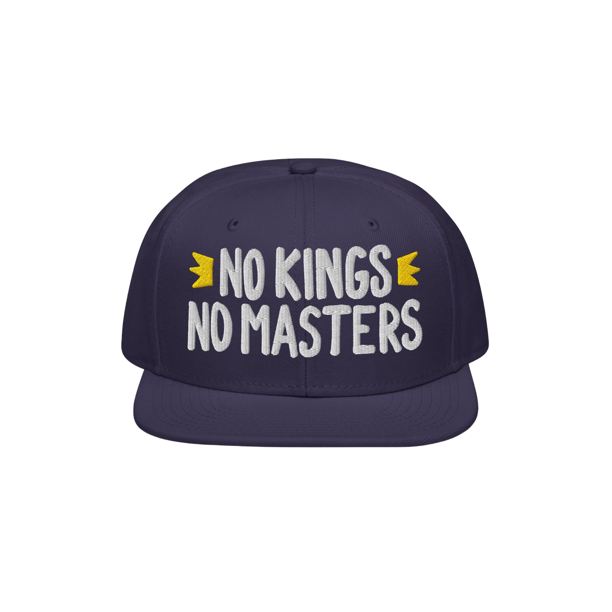 The No Kings No Masters Hat features bold white embroidery with yellow crowns, embodying a rebellious spirit against authorit