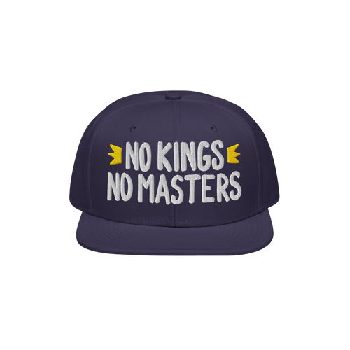 The No Kings No Masters Hat features bold white embroidery with yellow crowns, embodying a rebellious spirit against authorit
