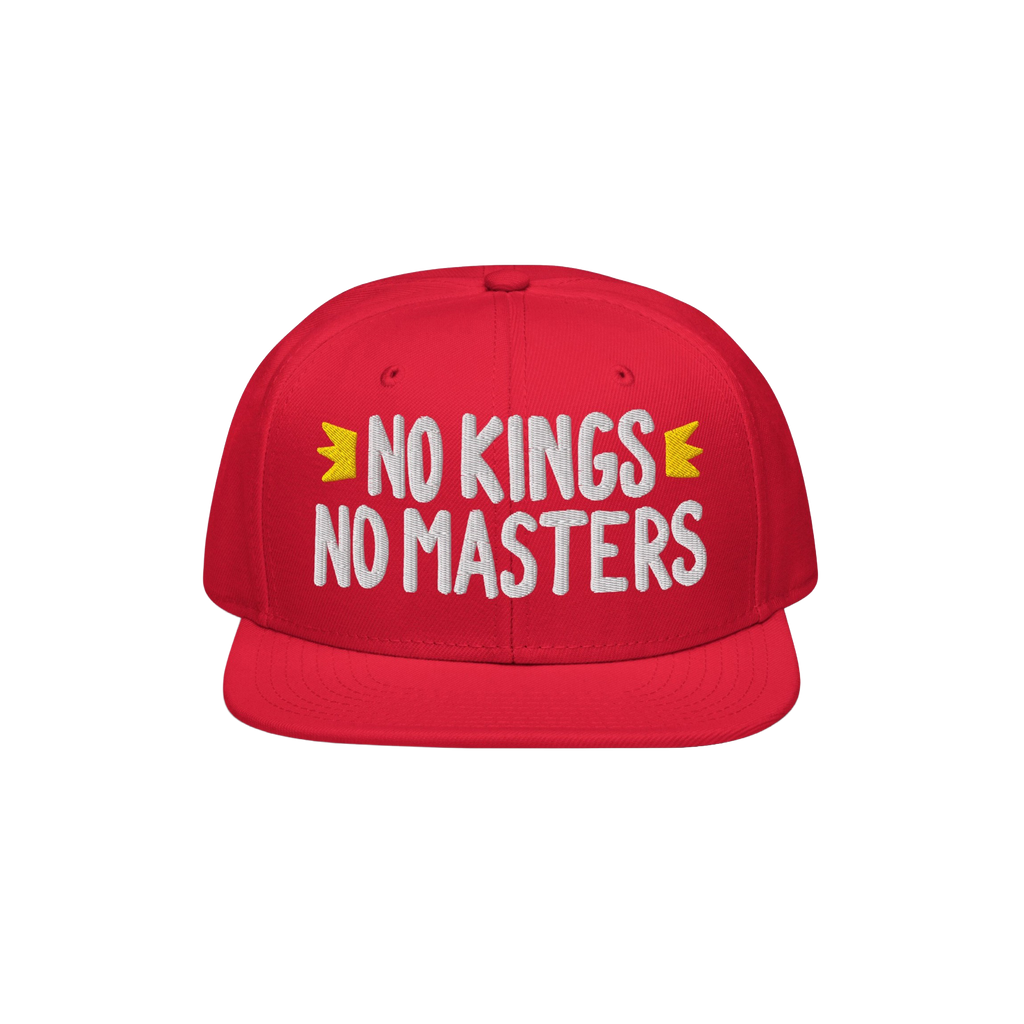 No Kings No Masters Hat with bold white slogan and yellow crown motifs, symbolizing defiance against authority. Ideal for sty