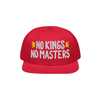 No Kings No Masters Hat with bold white slogan and yellow crown motifs, symbolizing defiance against authority. Ideal for sty