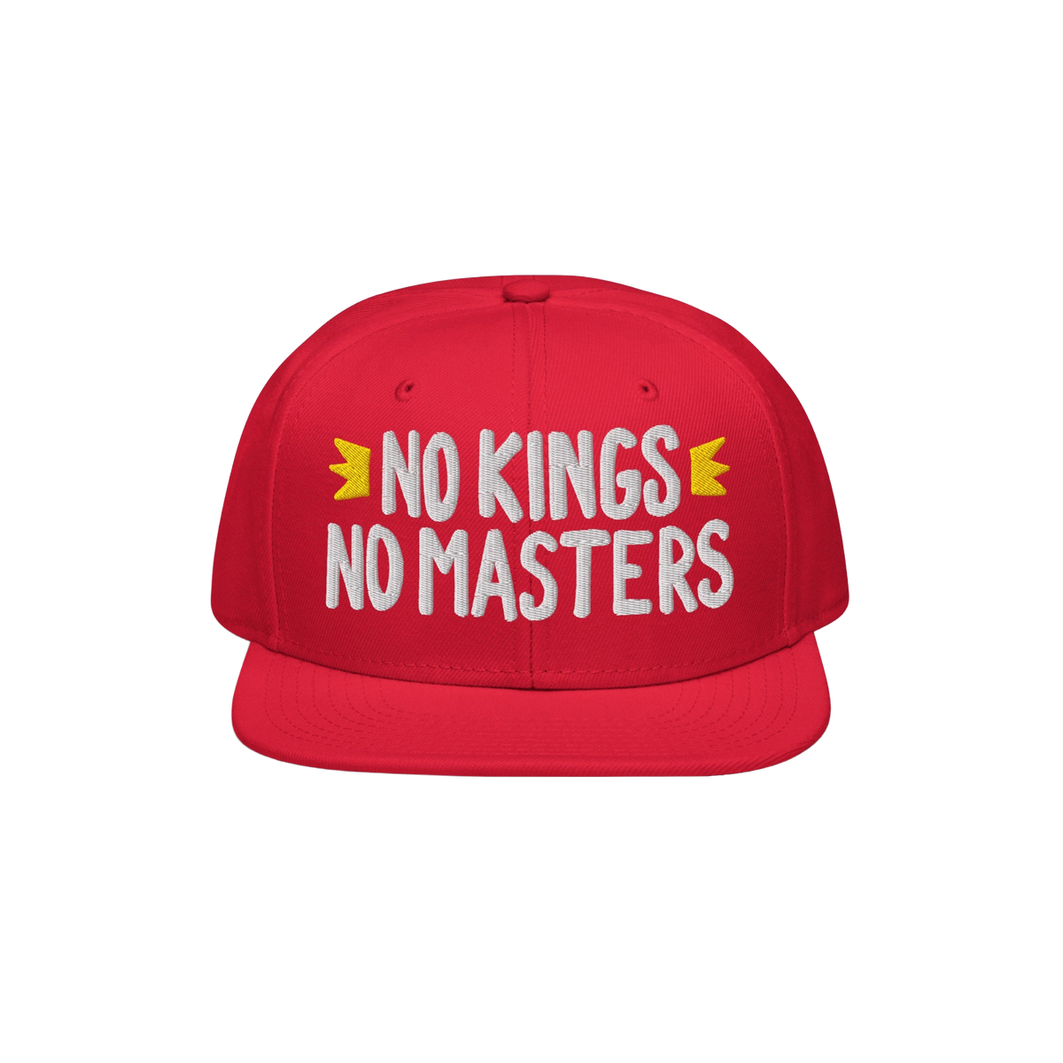 No Kings No Masters Hat with bold white slogan and yellow crown motifs, symbolizing defiance against authority. Ideal for sty