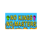 No Kings No Masters Sticker featuring bold turquoise background with yellow slogan, raised fists, and flames. Available as a 