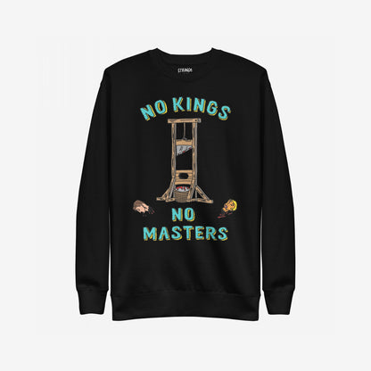 No Kings No Masters Hoodie & Sweatshirt features a bold cartoon-style guillotine with severed heads, framed by NO KINGS and NO MASTERS text, embodying defiance against authoritarianism.