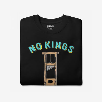 No Kings No Masters Hoodie & Sweatshirt featuring NO KINGS text and a guillotine illustration on the chest, symbolizing defiance against authoritarianism. Ideal for those rejecting power worship.