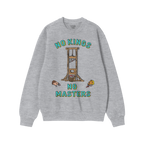 No Kings No Masters Shirt featuring a bold graphical guillotine with severed heads, capturing an anarchist spirit. Text reads